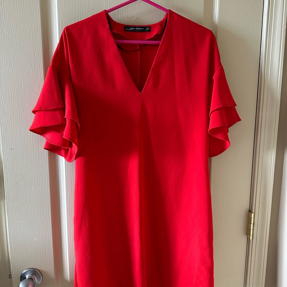Zara Red Midi Dress with Ruffle Sleeves